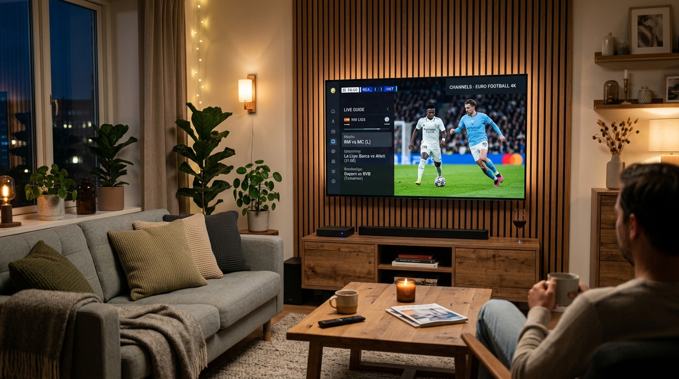 Beste Goedkope IPTV Nederland 2026 in moderne woonkamer met 4K smart tv zonder haperingen